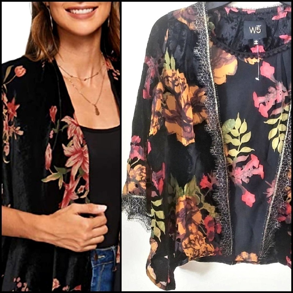𝅺NEW! W5 Floral Burnout Velvet & Lace Open Kimono Top Small.